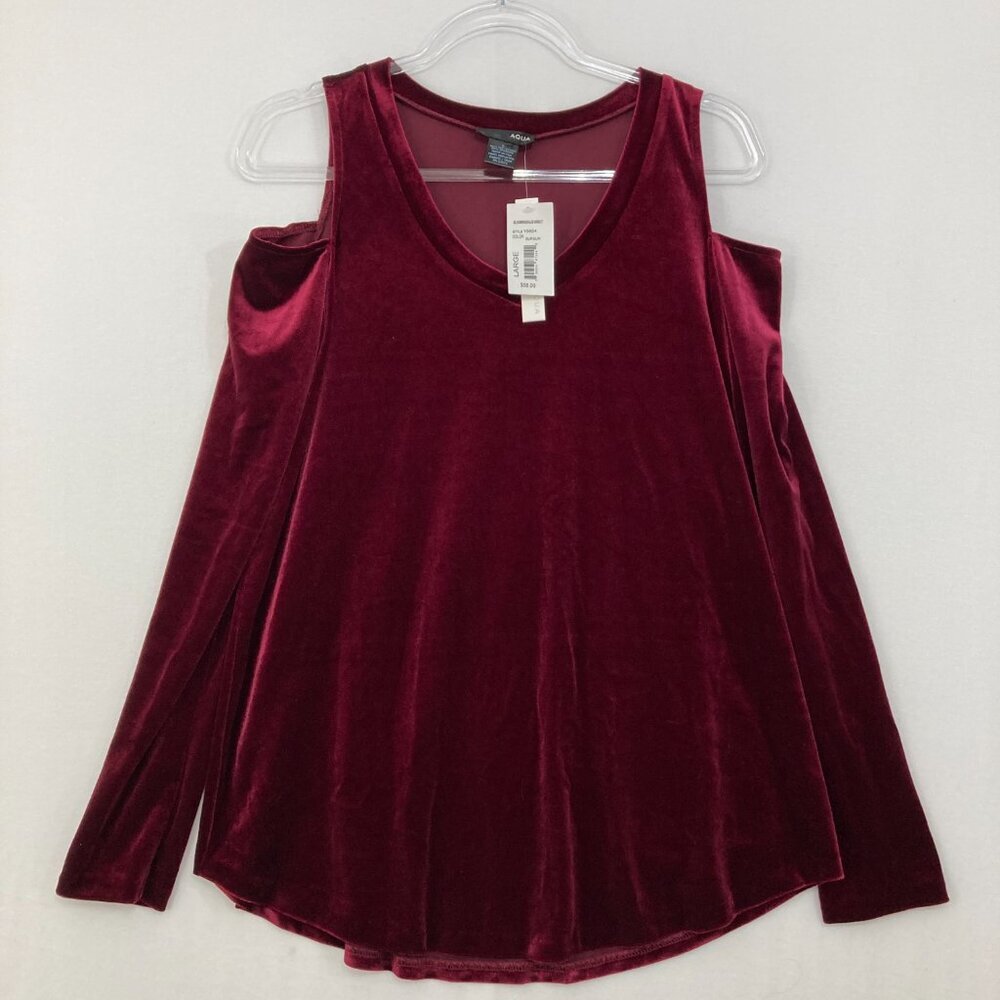 New Aqua Large Burgundy Velvet Cold Shoulder Stretch Long Sleeve Romantic Blouse